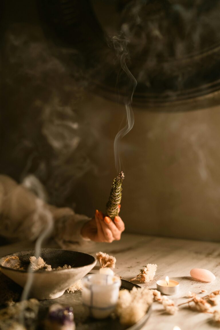 A serene ritual scene showcasing burning incense and candles, creating a mysterious and mystical atmosphere.