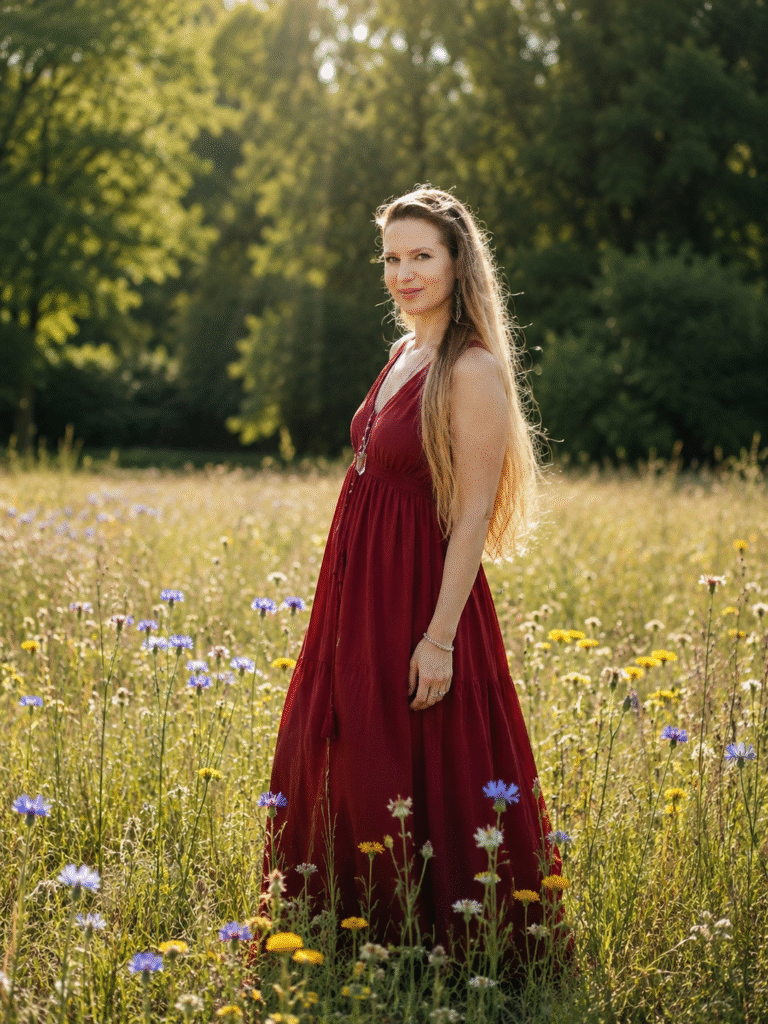 Corinne Cooke walking through a wildflower meadow, reflecting on reconnecting with your true nature
