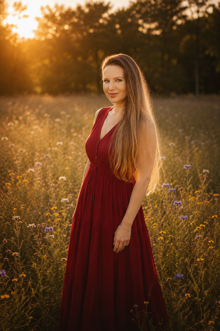Corinne in a summer meadow at dusk