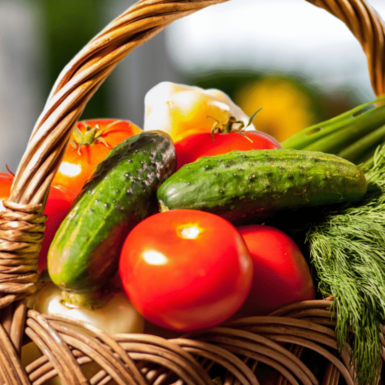 late summer harvest of juicy tomatoes, cucumber, courgettes and herbs