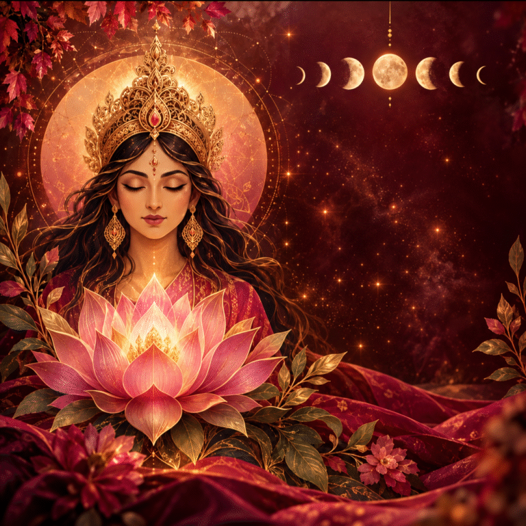 Artwork of the Divine Mother representing Shakti, with a glowing pink lotus, autumn leaves and phases of the moon.